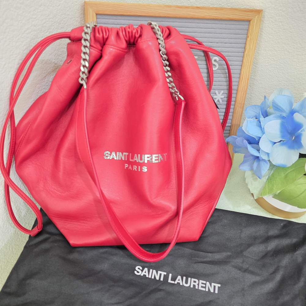 Authentic YSL Red Leather Drawstring Bag, YSL bag Pochon Teddy Bucket Bag - Picture 4 of 9